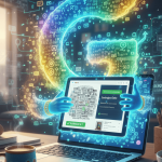 A glowing, ethereal blue genie emerging from a laptop screen to optimize a digital storefront, featuring holographic search data, rising green growth arrows, and a Google "Ranked #1" badge on a desk with a coffee mug.