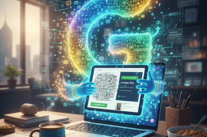 A glowing, ethereal blue genie emerging from a laptop screen to optimize a digital storefront, featuring holographic search data, rising green growth arrows, and a Google "Ranked #1" badge on a desk with a coffee mug.